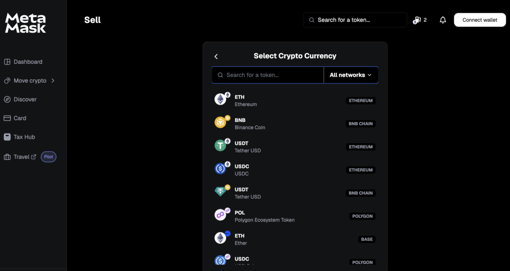 Select Chain and Crypto to Sell in MetaMask