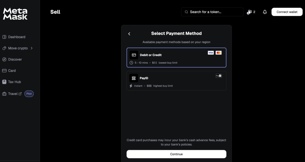 Choose Payout Option in MetaMask